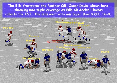 CAR QB Oscar "Betty" Davis throws an INT in this Super Bowl loss to the Bills.